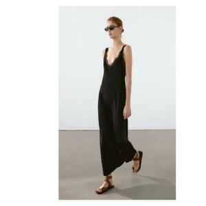 Massimo Dutti Womens Long Dress XS Black Lace Trim Sleeveless VNeck 6657/805 NWT